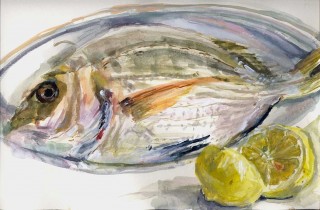 9 σαργος σε ασημενιο δισκακι gouache σε χαρτι ακουαρελας 24.7χ37
